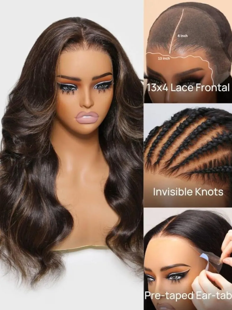 UNICE 18 inch Pre Everything Glueless Wigs Human Hair Pre Plucked Pre Cut Espresso Brown Highlight Loose Body Wave 13x4 HD Lace Front Human Hair Wig Bleached Knots Natural Hairline 150% Density