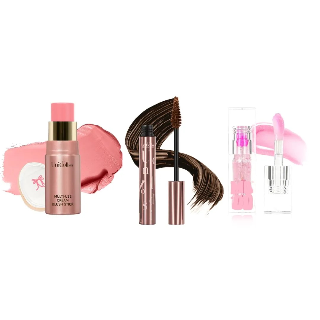 Unidollss Color Changing Lip Oil, Multi-Use Makeup Cream Blush Stick and Unidollss Tubing Mascara Brown