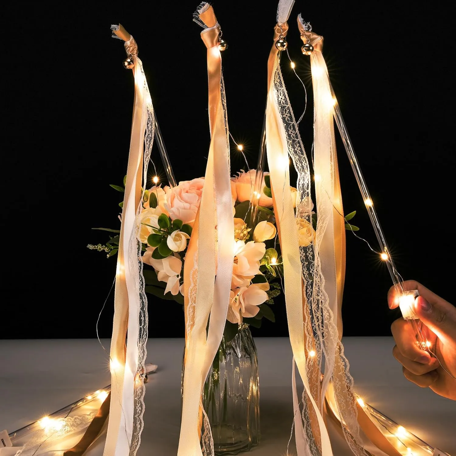 Unittype Wedding Wands Ribbon Streamers with Bells LED Fairy Light up Silk Fairy Wand Glow in the Dark Flashing Lace Stick for Wedding Birthday Party Favors (Champagne & Warm White LED,24 Pieces)