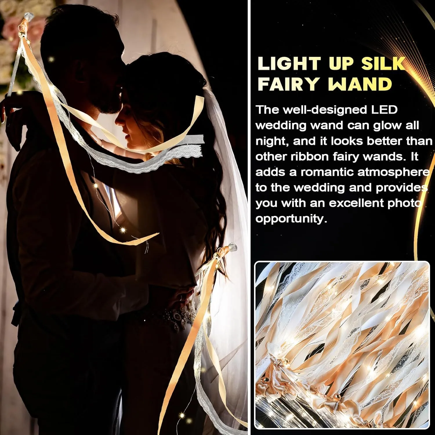 Unittype Wedding Wands Ribbon Streamers with Bells LED Fairy Light up Silk Fairy Wand Glow in the Dark Flashing Lace Stick for Wedding Birthday Party Favors (Champagne & Warm White LED,24 Pieces)