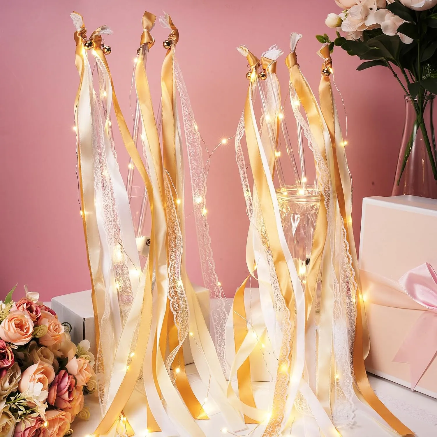 Unittype Wedding Wands Ribbon Streamers with Bells LED Fairy Light up Silk Fairy Wand Glow in the Dark Flashing Lace Stick for Wedding Birthday Party Favors (Champagne & Warm White LED,24 Pieces)