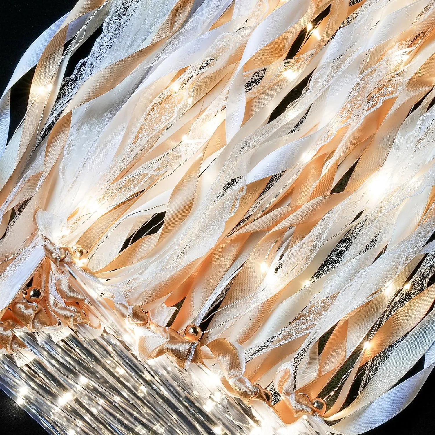 Unittype Wedding Wands Ribbon Streamers with Bells LED Fairy Light up Silk Fairy Wand Glow in the Dark Flashing Lace Stick for Wedding Birthday Party Favors (Champagne & Warm White LED,24 Pieces)