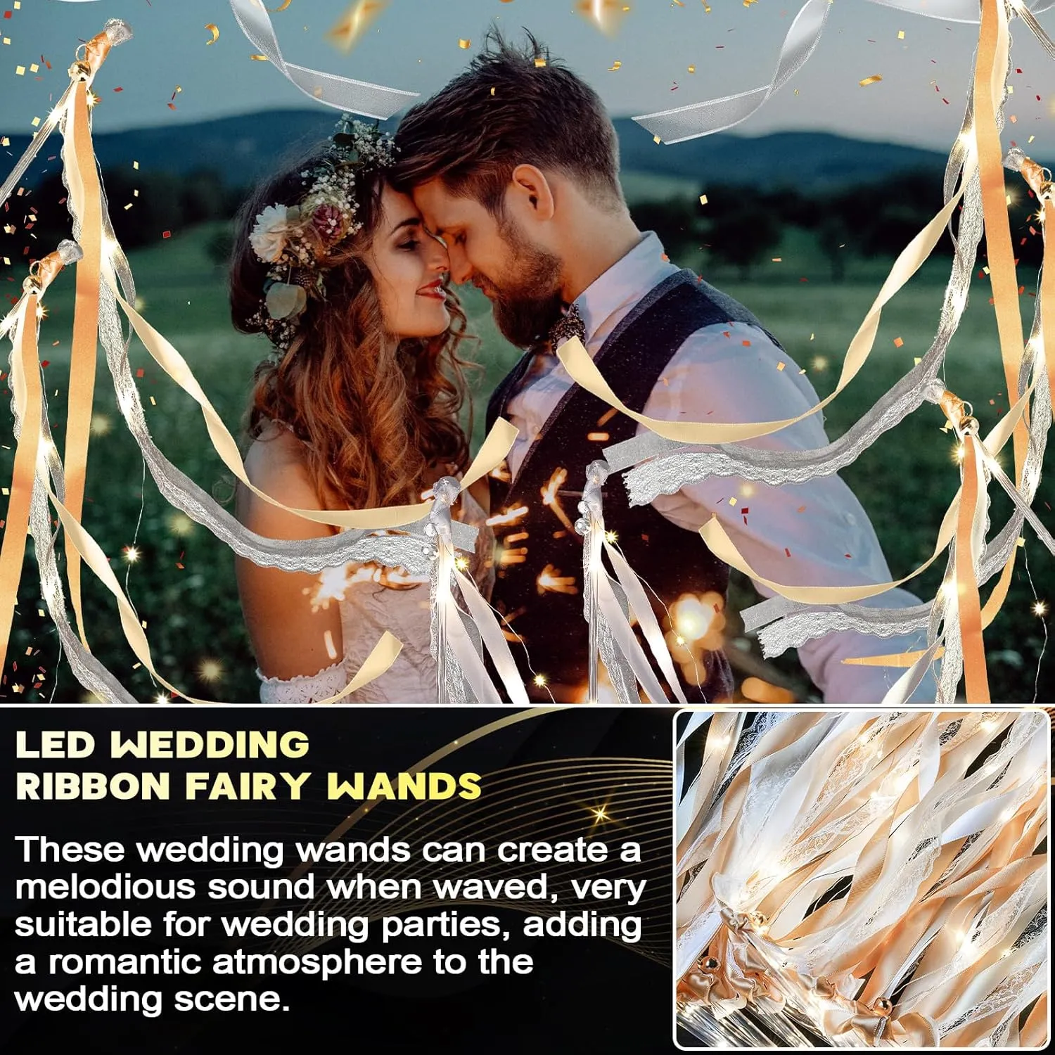 Unittype Wedding Wands Ribbon Streamers with Bells LED Fairy Light up Silk Fairy Wand Glow in the Dark Flashing Lace Stick for Wedding Birthday Party Favors (Champagne & Warm White LED,24 Pieces)