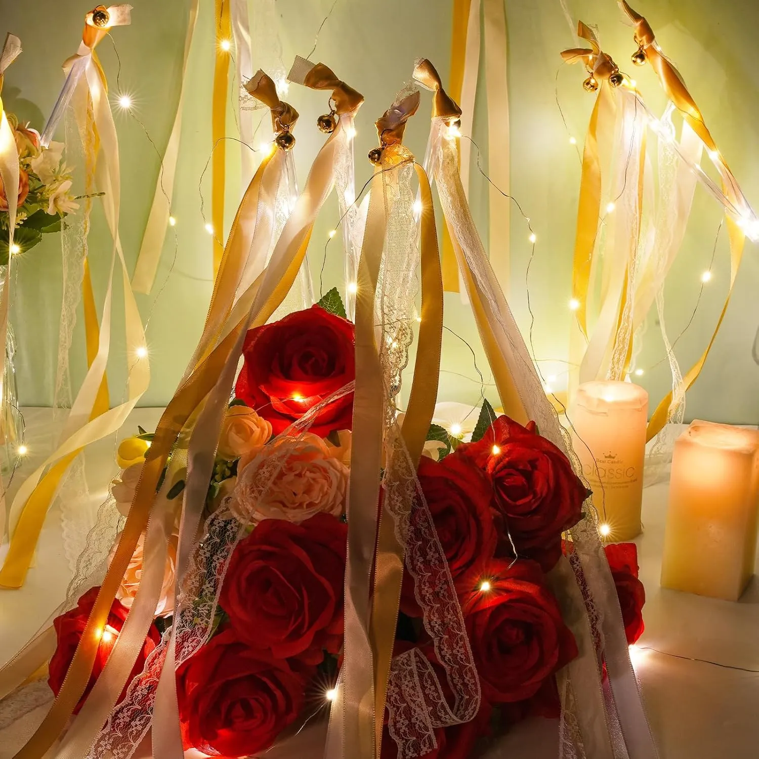 Unittype Wedding Wands Ribbon Streamers with Bells LED Fairy Light up Silk Fairy Wand Glow in the Dark Flashing Lace Stick for Wedding Birthday Party Favors (Champagne & Warm White LED,24 Pieces)