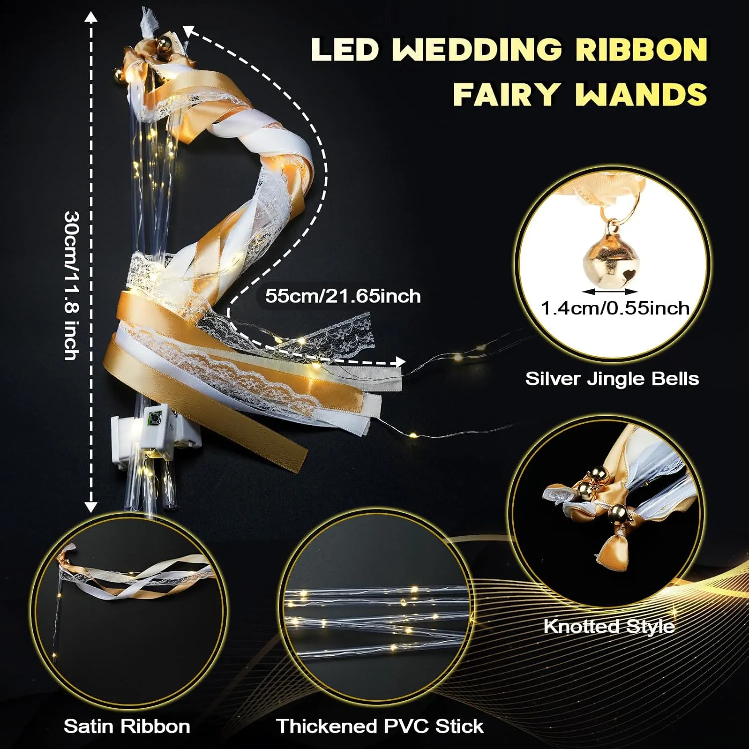 Unittype Wedding Wands Ribbon Streamers with Bells LED Fairy Light up Silk Fairy Wand Glow in the Dark Flashing Lace Stick for Wedding Birthday Party Favors (Champagne & Warm White LED,24 Pieces)
