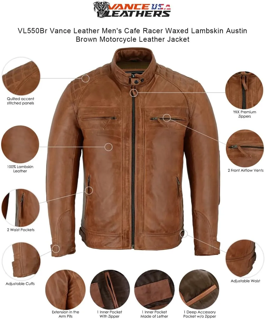 Vance Leather' Men's Cafe Racer Waxed Lambskin Austin Brown Motorcycle Leather Jacket