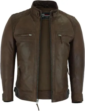 Vance Leather' Men's Cafe Racer Waxed Lambskin Austin Brown Motorcycle Leather Jacket