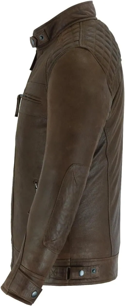 Vance Leather' Men's Cafe Racer Waxed Lambskin Austin Brown Motorcycle Leather Jacket