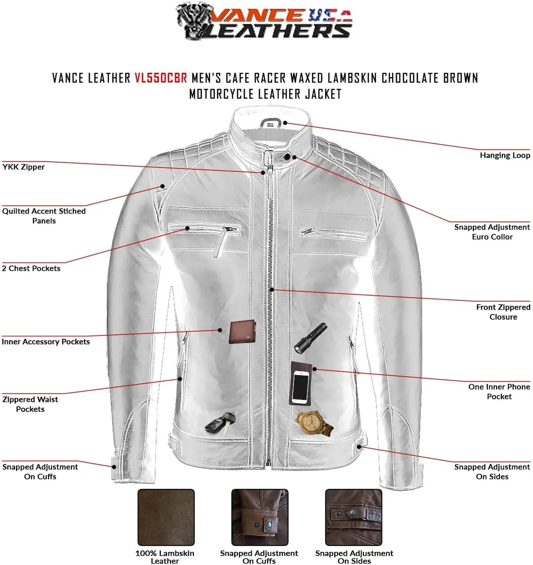 Vance Leather' Men's Cafe Racer Waxed Lambskin Austin Brown Motorcycle Leather Jacket