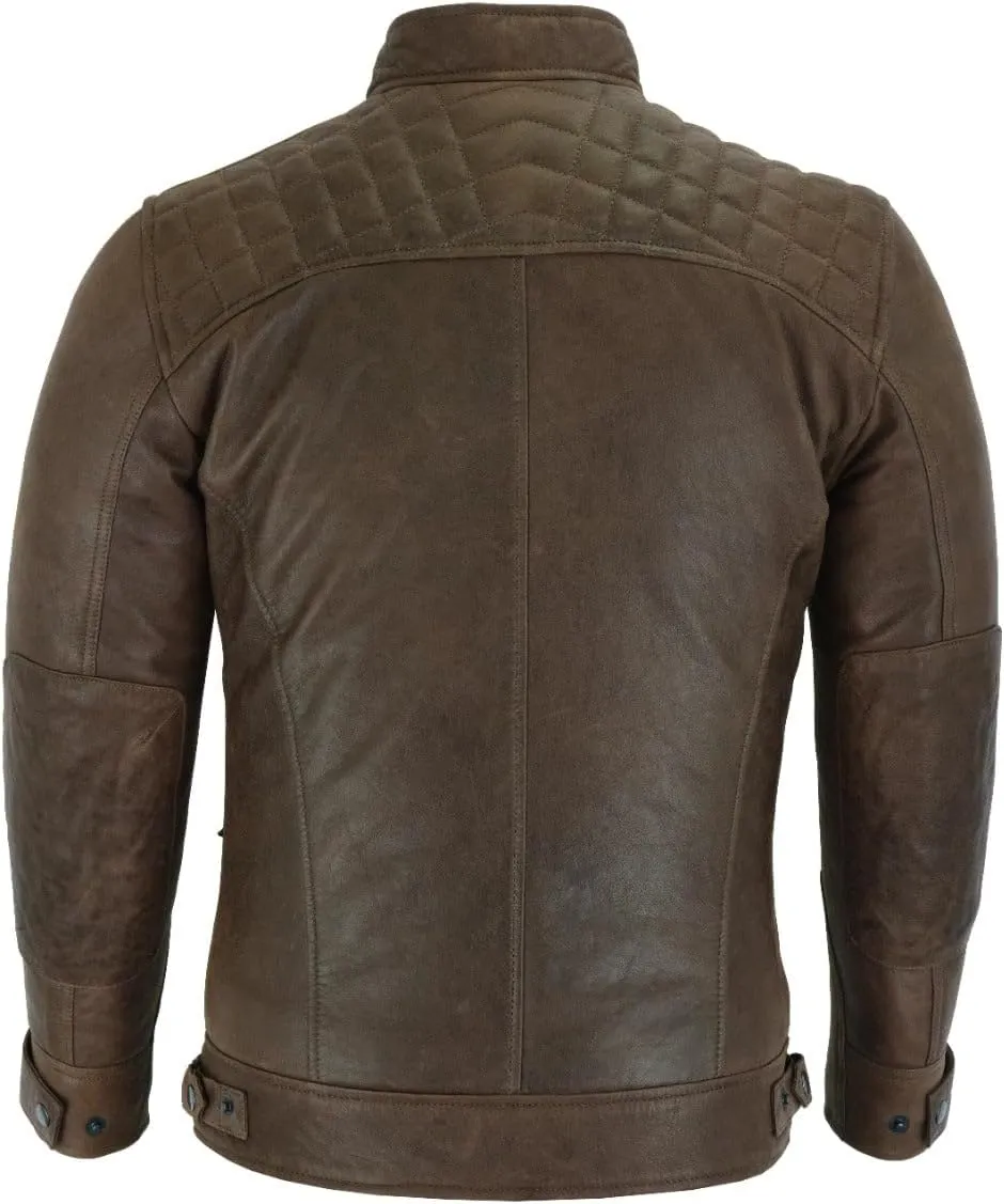 Vance Leather' Men's Cafe Racer Waxed Lambskin Austin Brown Motorcycle Leather Jacket