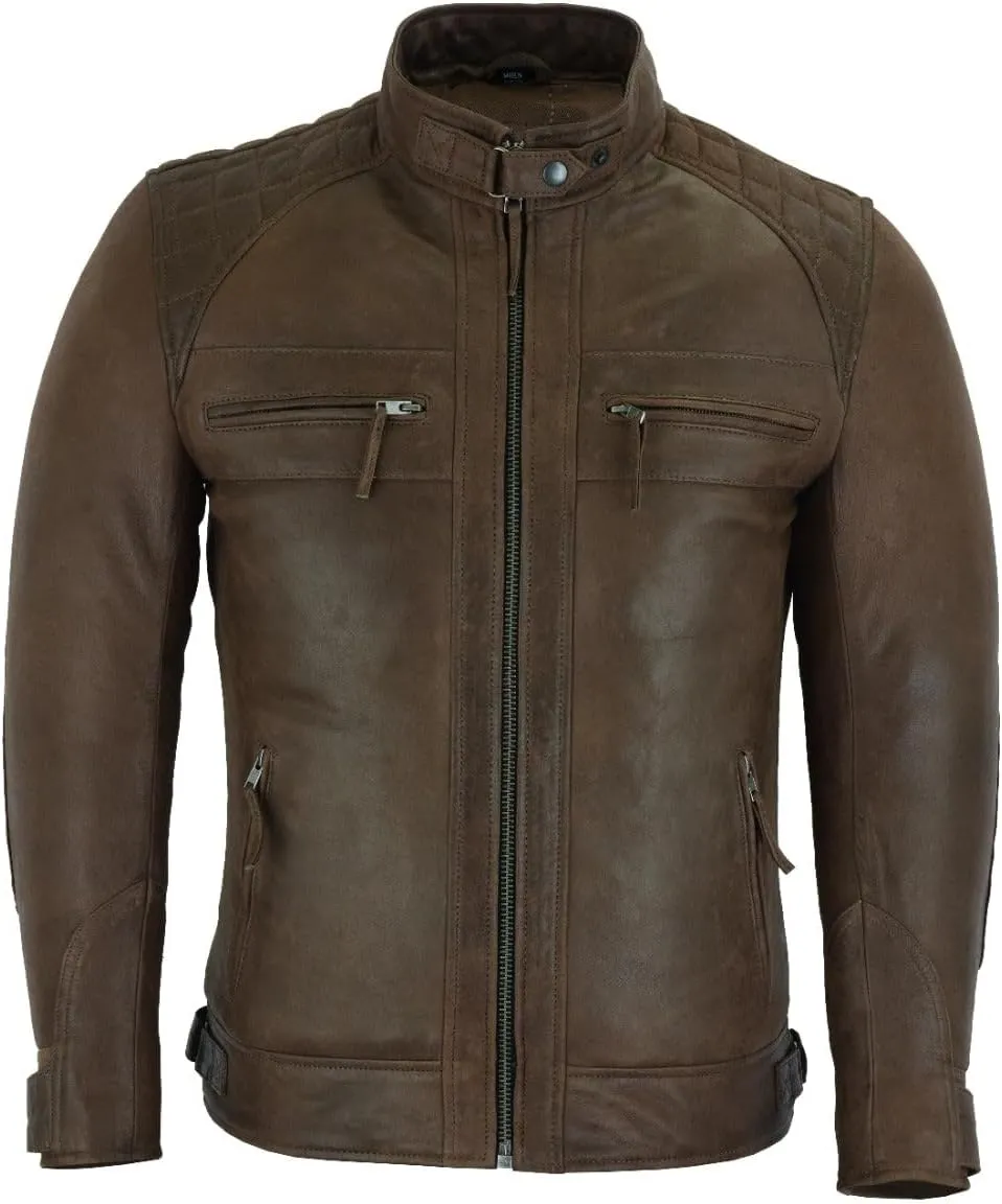Vance Leather' Men's Cafe Racer Waxed Lambskin Austin Brown Motorcycle Leather Jacket