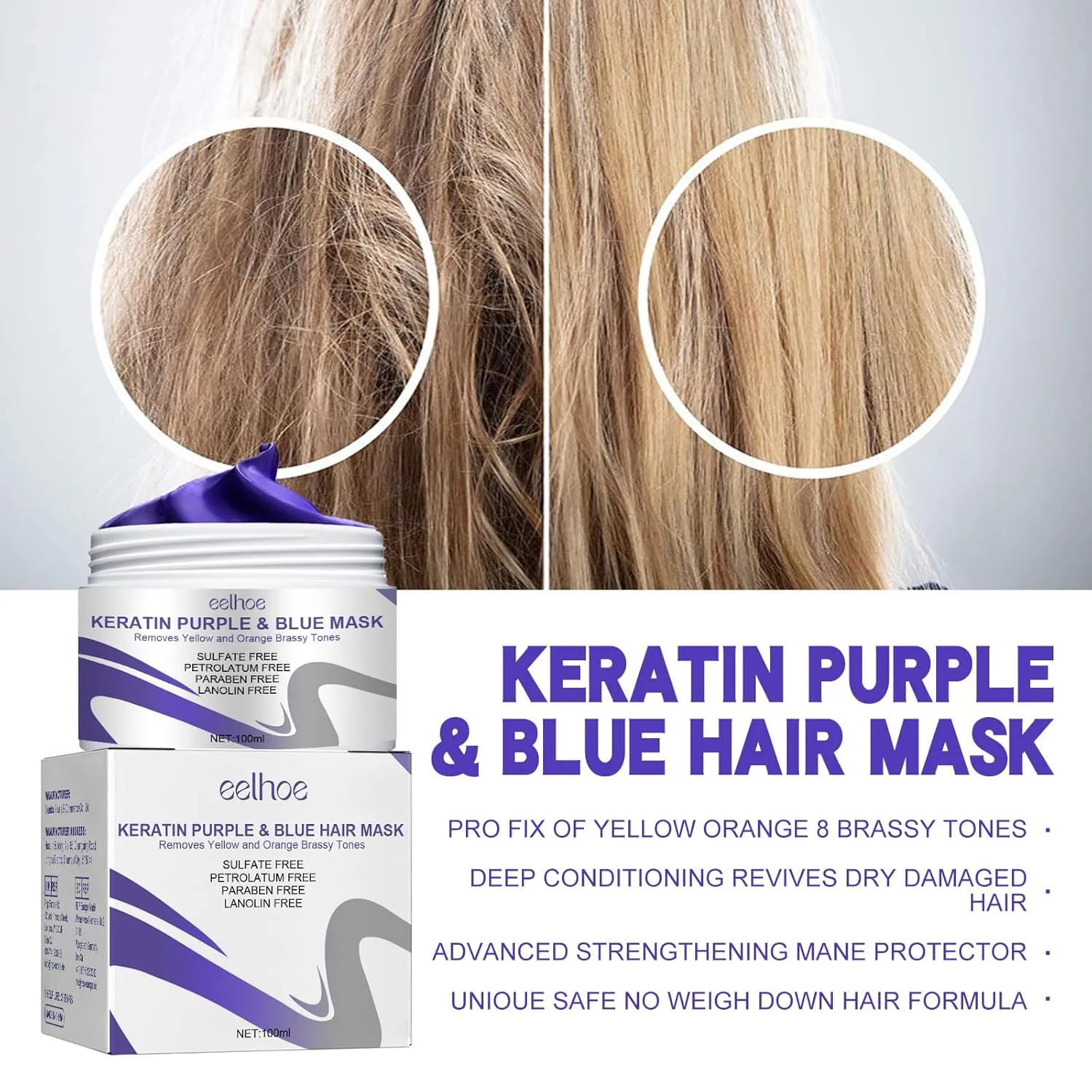 Vitamins Keratin Purple Hair Mask,Violet Blue Protein Deep Conditioner Treatment,Toner For Blonde Platinum Silver Gray Ash Or Brown Colored Dry And Damaged Brassy Hair (3pcs)