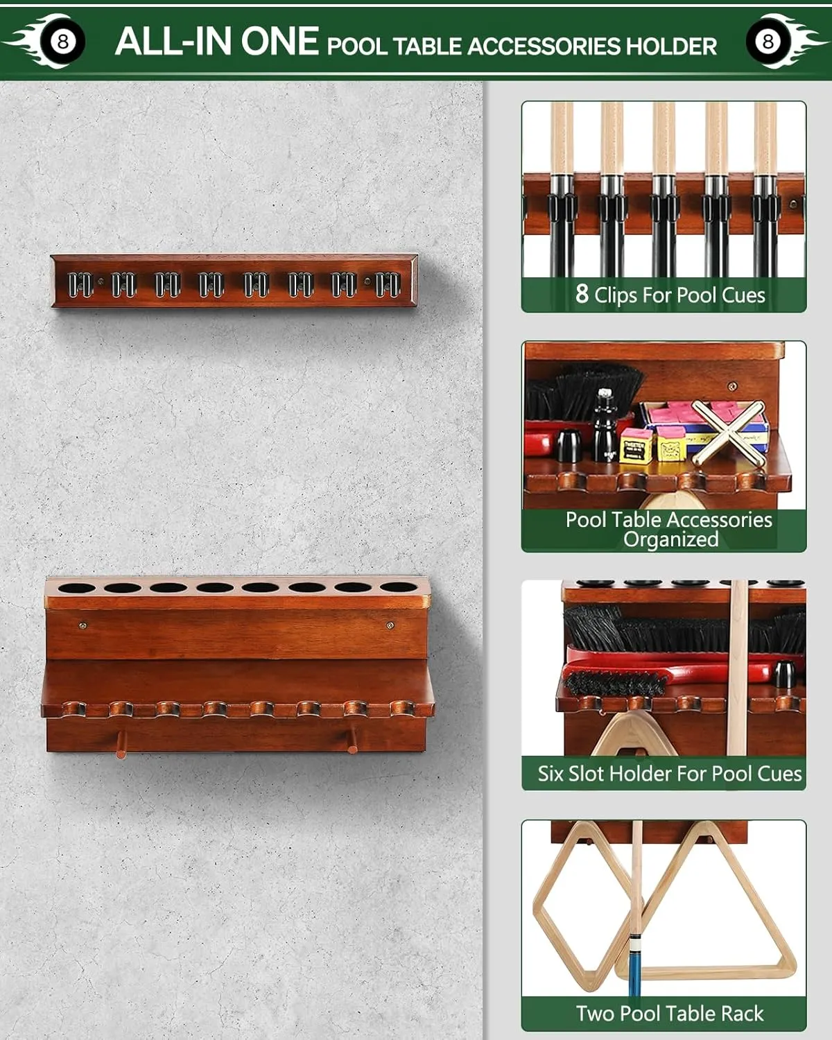 Wall Mount Pool Stick Holder - Billiards Pool Cue Rack Hardwood Pool Cue Set Holder for 8 Cues Sticks Storage Pool Table Accessories Equipment Organizer