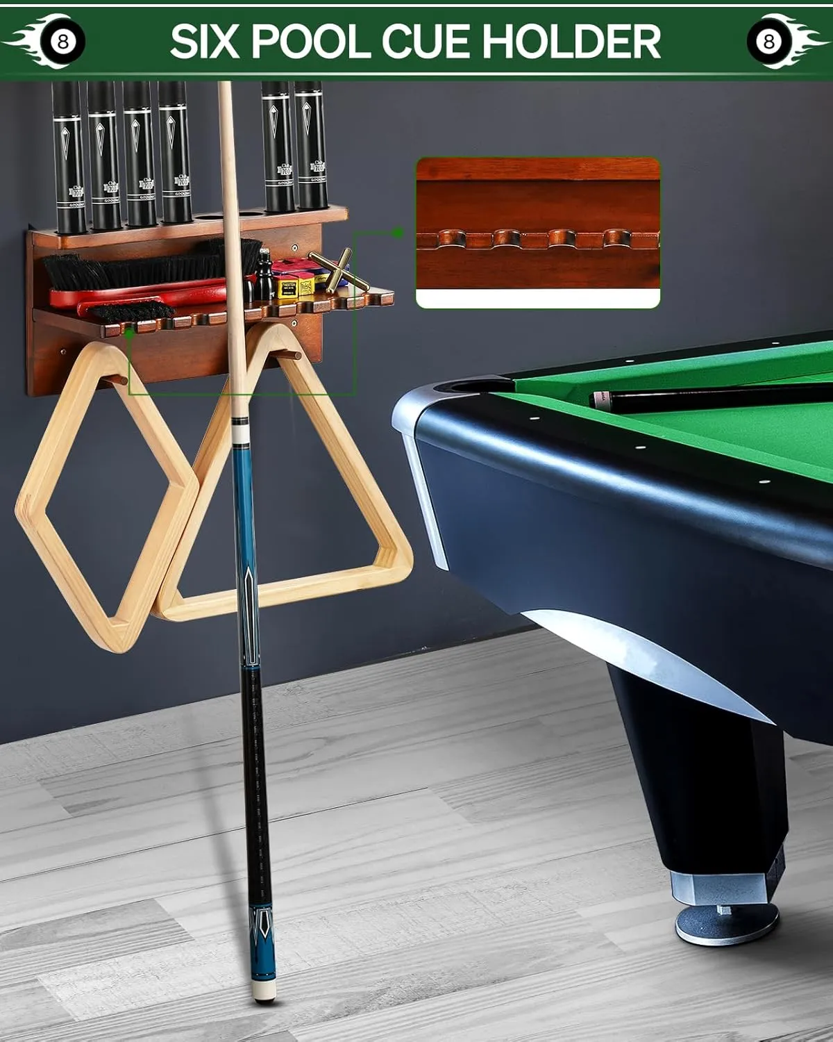 Wall Mount Pool Stick Holder - Billiards Pool Cue Rack Hardwood Pool Cue Set Holder for 8 Cues Sticks Storage Pool Table Accessories Equipment Organizer