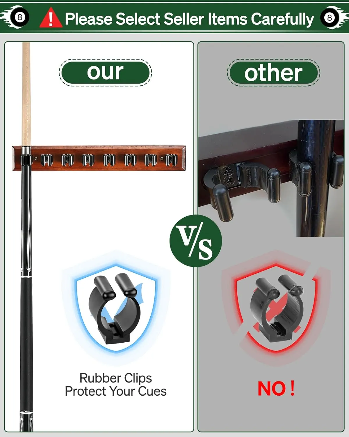 Wall Mount Pool Stick Holder - Billiards Pool Cue Rack Hardwood Pool Cue Set Holder for 8 Cues Sticks Storage Pool Table Accessories Equipment Organizer