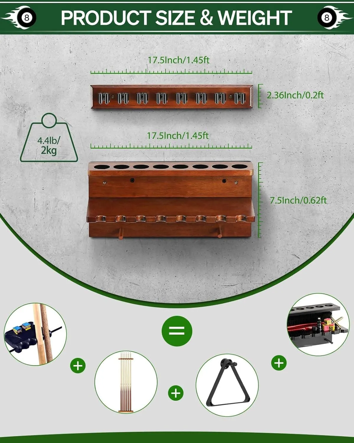 Wall Mount Pool Stick Holder - Billiards Pool Cue Rack Hardwood Pool Cue Set Holder for 8 Cues Sticks Storage Pool Table Accessories Equipment Organizer