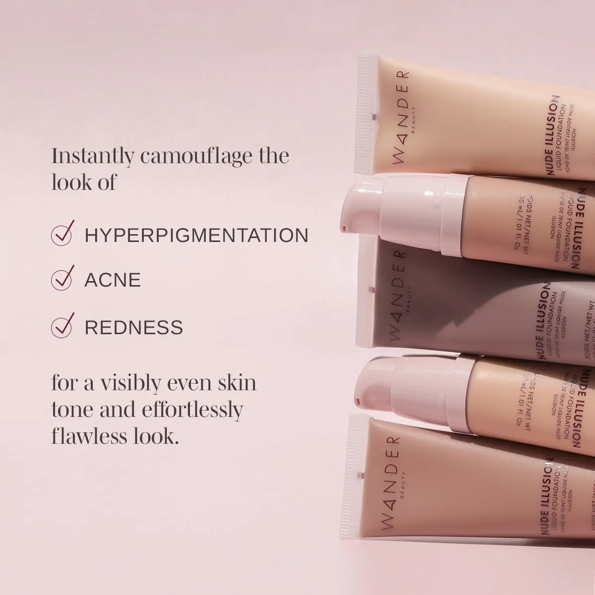 Wander Beauty Nude Illusion Liquid Foundation - Light Medium - Medium to Full Coverage Foundation - Natural Makeup with Vitamin E & Macadamia - Nude Skin Finish Blurs & Conceals - 1.01 fl oz