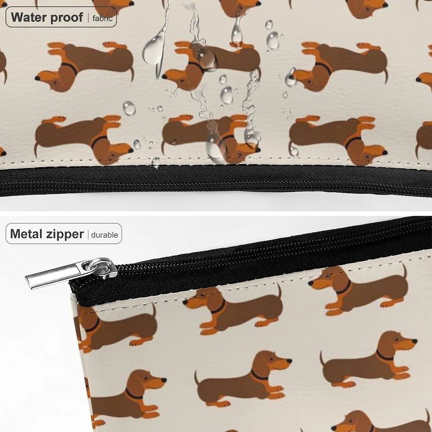 Waterproof PU Leather Makeup Bag Compatible with Doxie Dachshund Weiner Dog Brown Lightweight Travel Case for Women