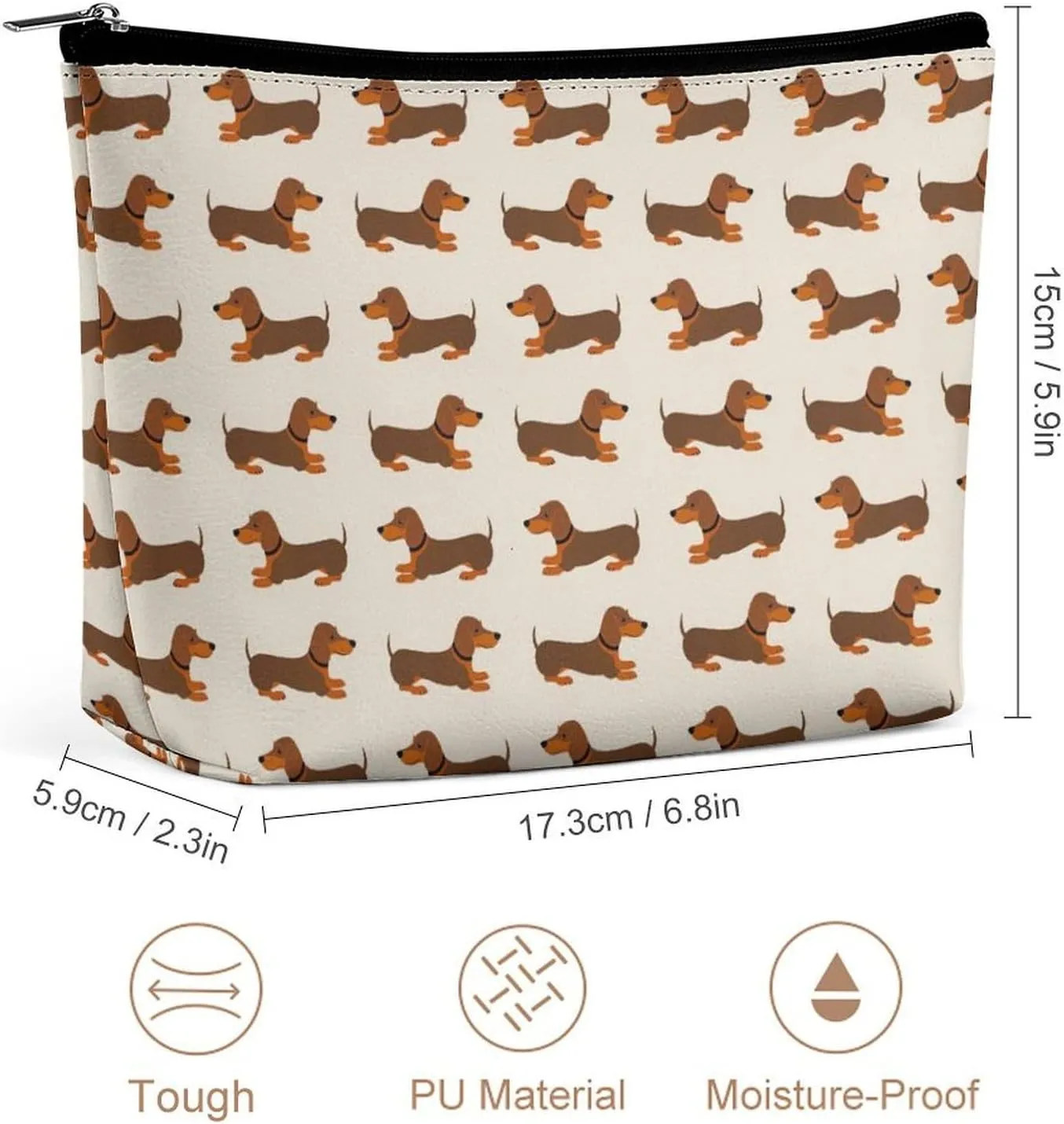 Waterproof PU Leather Makeup Bag Compatible with Doxie Dachshund Weiner Dog Brown Lightweight Travel Case for Women