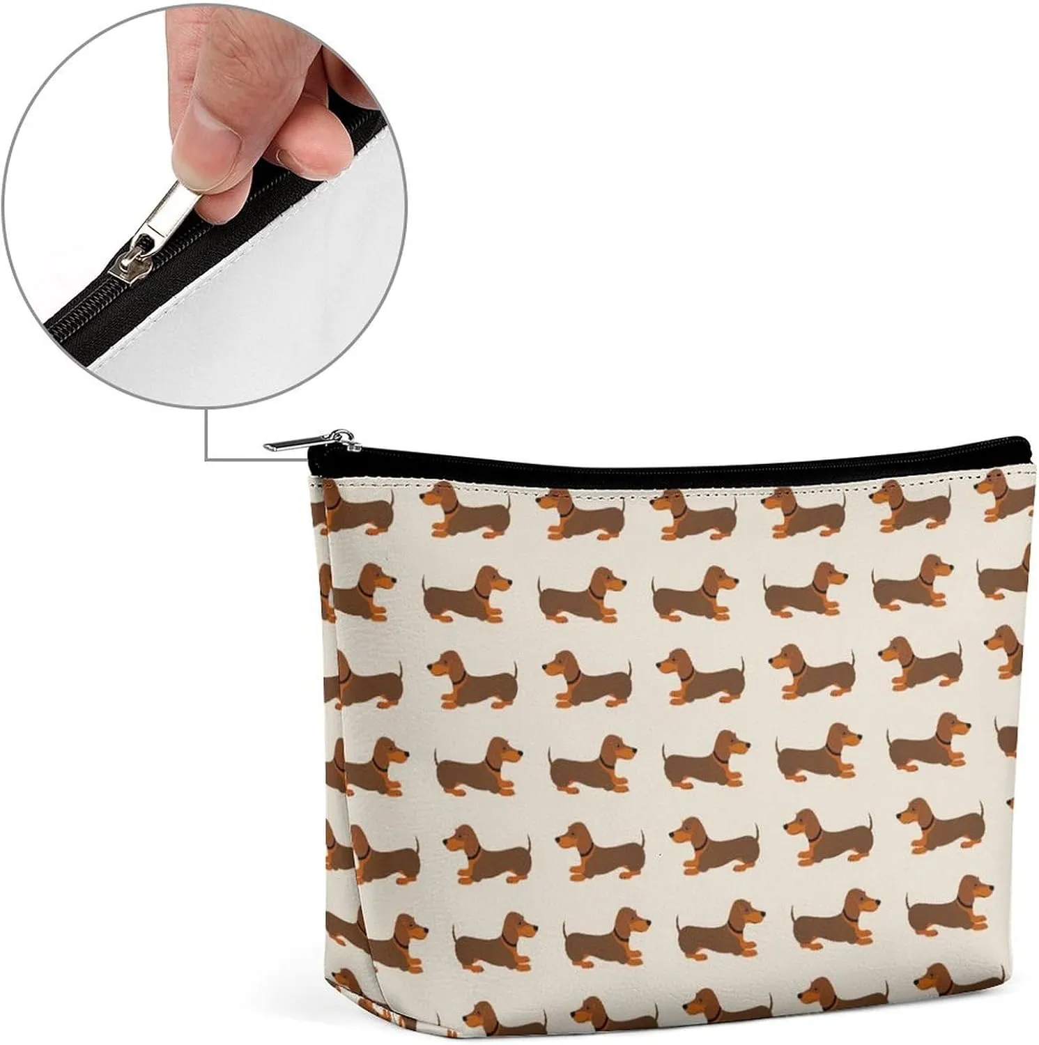 Waterproof PU Leather Makeup Bag Compatible with Doxie Dachshund Weiner Dog Brown Lightweight Travel Case for Women