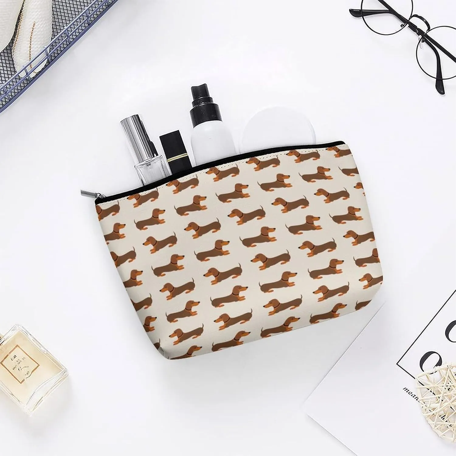 Waterproof PU Leather Makeup Bag Compatible with Doxie Dachshund Weiner Dog Brown Lightweight Travel Case for Women