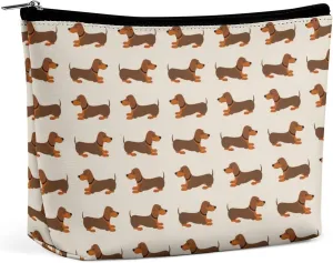 Waterproof PU Leather Makeup Bag Compatible with Doxie Dachshund Weiner Dog Brown Lightweight Travel Case for Women