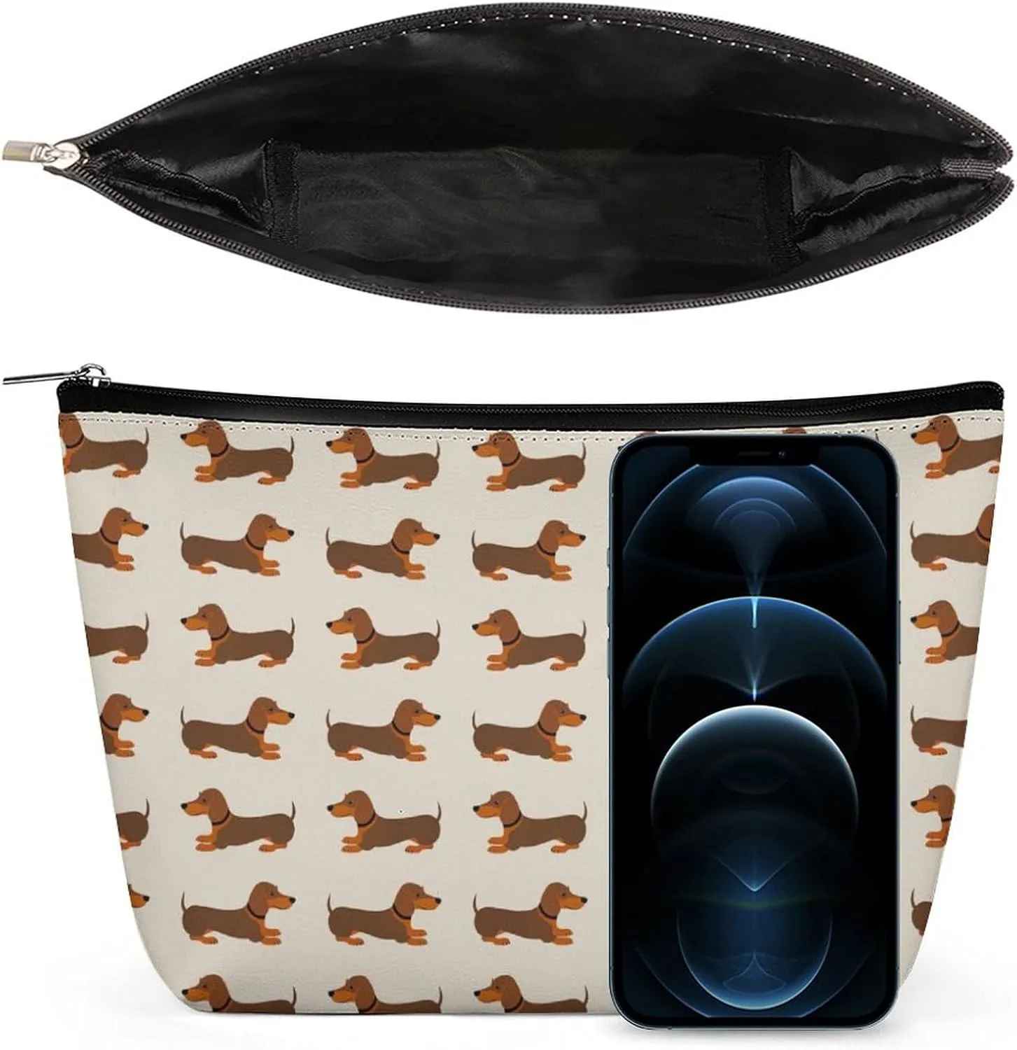 Waterproof PU Leather Makeup Bag Compatible with Doxie Dachshund Weiner Dog Brown Lightweight Travel Case for Women