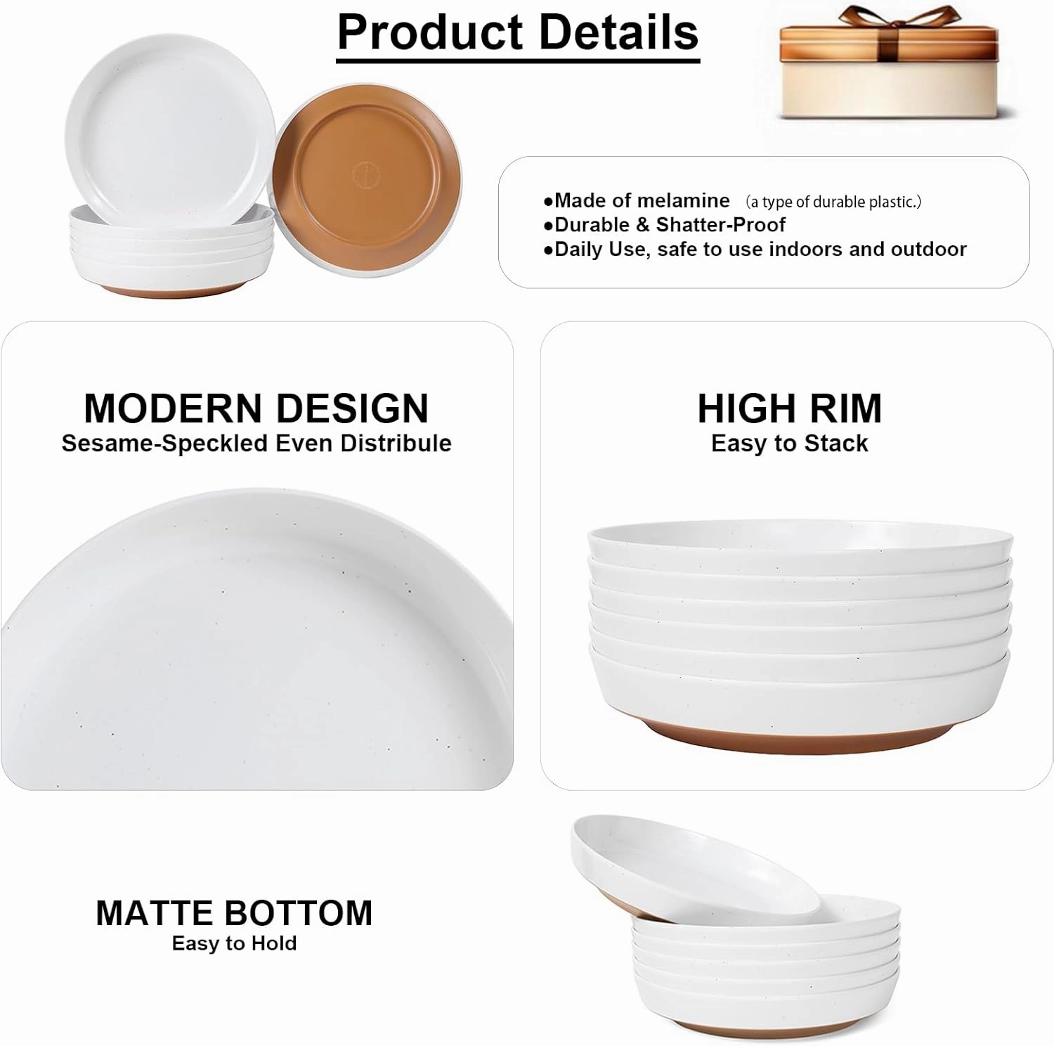 Webbylee 8.25" Melamine Deep Plates Set of 6-28oz Melamine Large Salad Bows，Serving Bowls for Cereal, Fruit, Soup，Deep Enough for Kitchen and Dining White/Brown