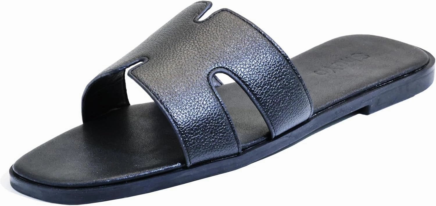 Women's Flat Sandals, Ladies Leather Slippers, Comfy Dressy Slip on Shoes Elegant Slides Summer Fall Spring Cute Open Toe Casual Footwear