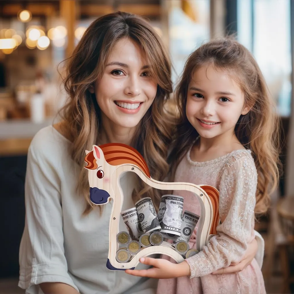 Wooden Brown Horse Piggy Banks for Kids, Unbreakable Brown Pony Coin Bank for Kids with Letter Sticker, Wooden Cashbox Money Jar Personalizable Birthday Gift, Educatinal Toy for Boys, Girls