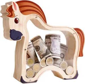 Wooden Brown Horse Piggy Banks for Kids, Unbreakable Brown Pony Coin Bank for Kids with Letter Sticker, Wooden Cashbox Money Jar Personalizable Birthday Gift, Educatinal Toy for Boys, Girls