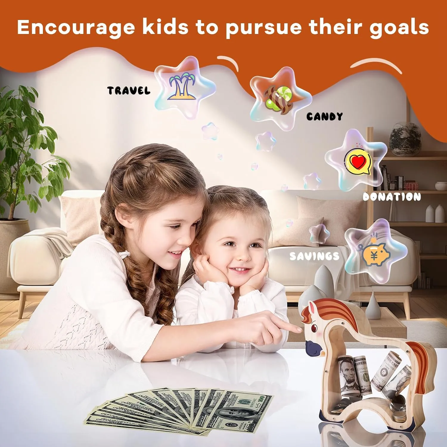 Wooden Brown Horse Piggy Banks for Kids, Unbreakable Brown Pony Coin Bank for Kids with Letter Sticker, Wooden Cashbox Money Jar Personalizable Birthday Gift, Educatinal Toy for Boys, Girls