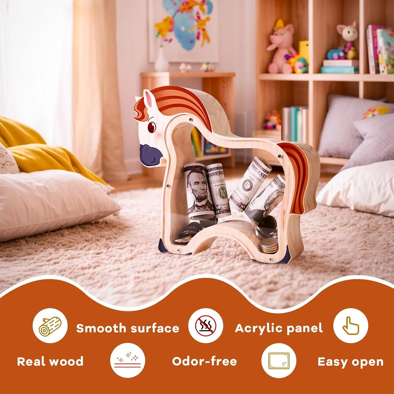 Wooden Brown Horse Piggy Banks for Kids, Unbreakable Brown Pony Coin Bank for Kids with Letter Sticker, Wooden Cashbox Money Jar Personalizable Birthday Gift, Educatinal Toy for Boys, Girls