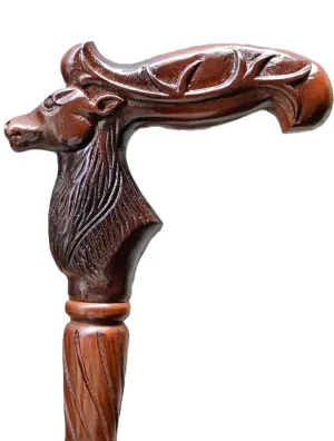 Wooden Reindeer Head Engraved Hand carved Cane - Premium Wood Carved Walking Stick Cane With Ergonomic Palm Grip Handle - 36" Brown Handmade Elegant Carved Walking Stick For Men Women