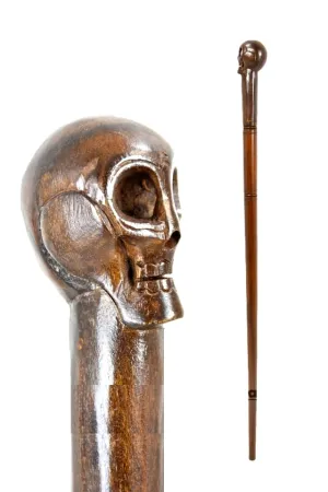 Wooden Skull Head Engraved Hand carved Cane - Premium Wood Carved Walking Stick Cane With Ergonomic Palm Grip Handle - 36" Brown Handmade Elegant Carved Walking Stick For Men Women