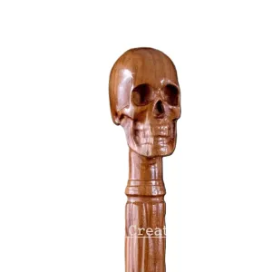 Wooden Skull Head Engraved Hand carved Cane - Premium Wood Carved Walking Stick Cane With Ergonomic Palm Grip Handle - 36" Brown Handmade Elegant Carved Walking Stick For Men Women