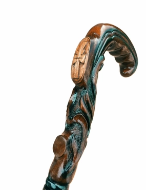 Wooden Christian Cross Engraved Hand carved Cane - Premium Wood Carved Walking Stick Cane With Ergonomic Palm Grip Handle - 36" Brown Handmade Elegant Carved Walking Stick For Men Women