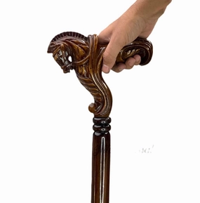 Wooden Horse Engraved Hand carved Cane - Premium Wood Carved Walking Stick Cane With Ergonomic Palm Grip Handle - 36" Brown Handmade Elegant Carved Walking Stick For Men Women