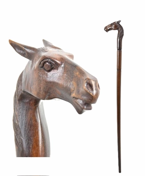 Wooden Horse Head Engraved Hand carved Cane - Premium Wood Carved Walking Stick Cane With Ergonomic Palm Grip Handle - 36" Brown Handmade Elegant Carved Walking Stick For Men Women