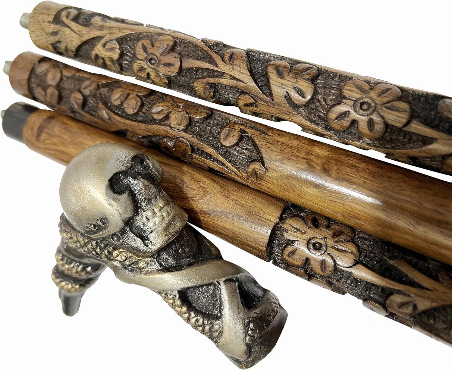 Wooden Octopus & Skull Head Engraved Hand carved Cane - Premium Wood Carved Walking Stick With Ergonomic Palm Grip Handle - 36" Brown Handmade Elegant Carved Walking Stick For Men Women