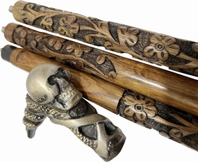 Wooden Octopus & Skull Head Engraved Hand carved Cane - Premium Wood Carved Walking Stick With Ergonomic Palm Grip Handle - 36" Brown Handmade Elegant Carved Walking Stick For Men Women