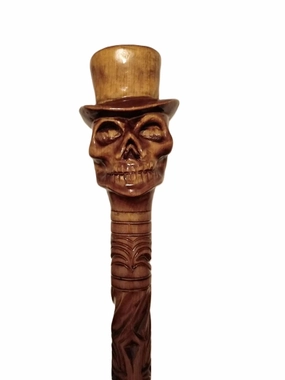 Wooden Skull Designer Head With Cap Hand carved Walking Cane - Premium Wood Carved Walking Stick Cane With Ergonomic Palm Grip Handle - 36" Brown Handmade Elegant Carved Walking Stick For Men Women