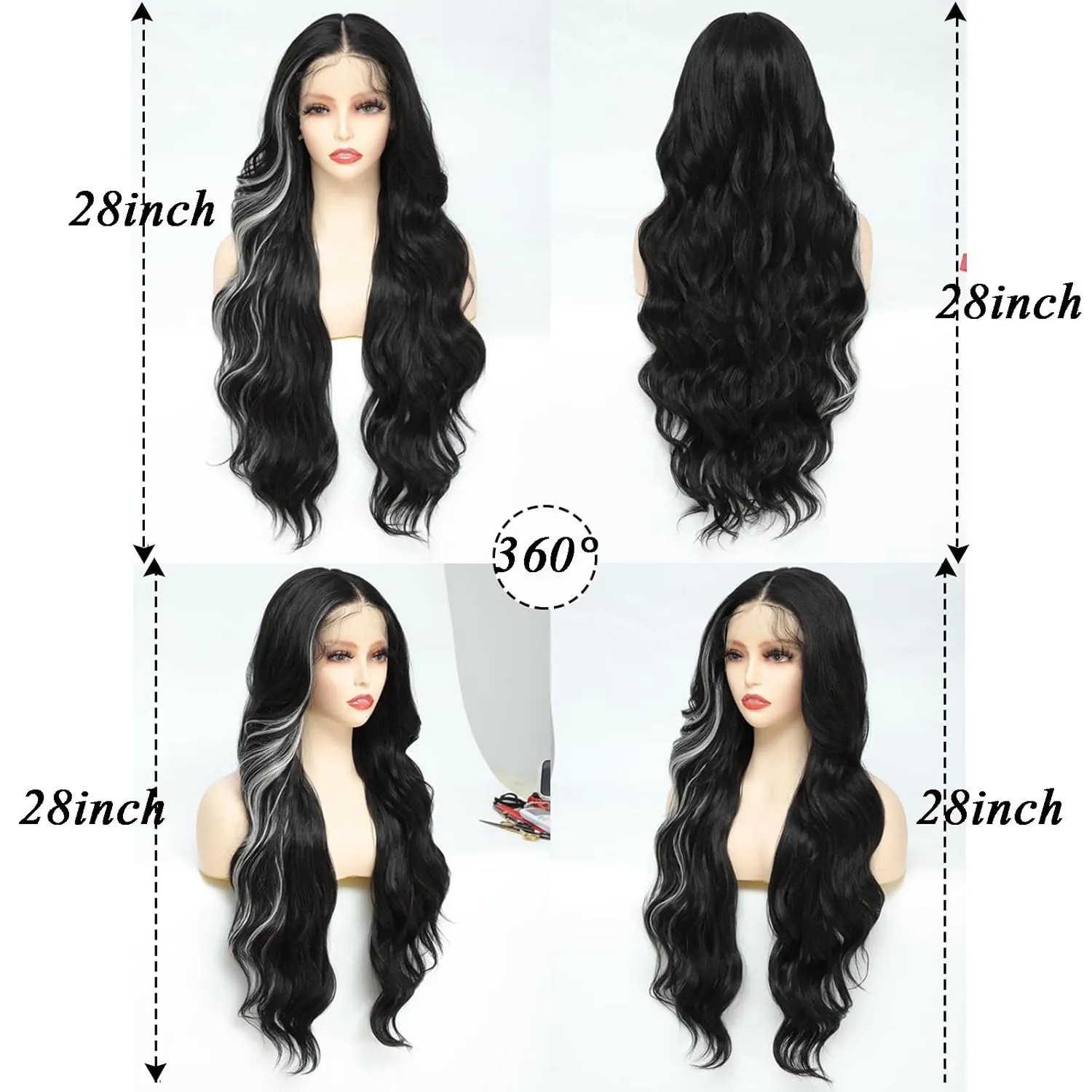 X-TRESS 28 Inch Skunk Stripe Black Body Wave Lace Front Wigs For Black And White Women 180 Density Glueless Wig Pre Plucked Cut Baby Hair 13x4x1 Synthetic HD Lace Front Wig