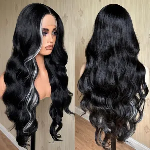 X-TRESS 28 Inch Skunk Stripe Black Body Wave Lace Front Wigs For Black And White Women 180 Density Glueless Wig Pre Plucked Cut Baby Hair 13x4x1 Synthetic HD Lace Front Wig
