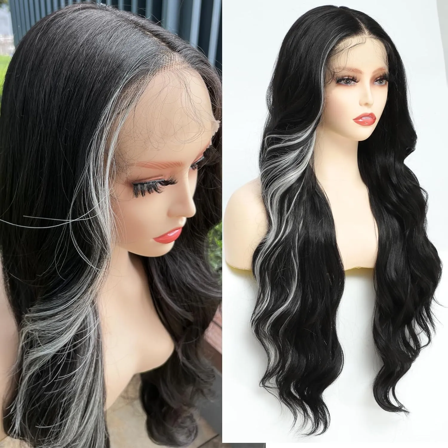 X-TRESS 28 Inch Skunk Stripe Black Body Wave Lace Front Wigs For Black And White Women 180 Density Glueless Wig Pre Plucked Cut Baby Hair 13x4x1 Synthetic HD Lace Front Wig