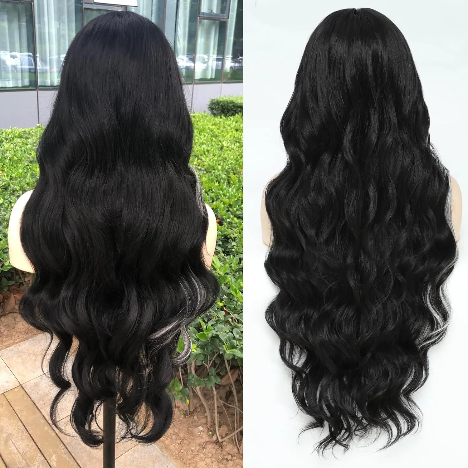 X-TRESS 28 Inch Skunk Stripe Black Body Wave Lace Front Wigs For Black And White Women 180 Density Glueless Wig Pre Plucked Cut Baby Hair 13x4x1 Synthetic HD Lace Front Wig