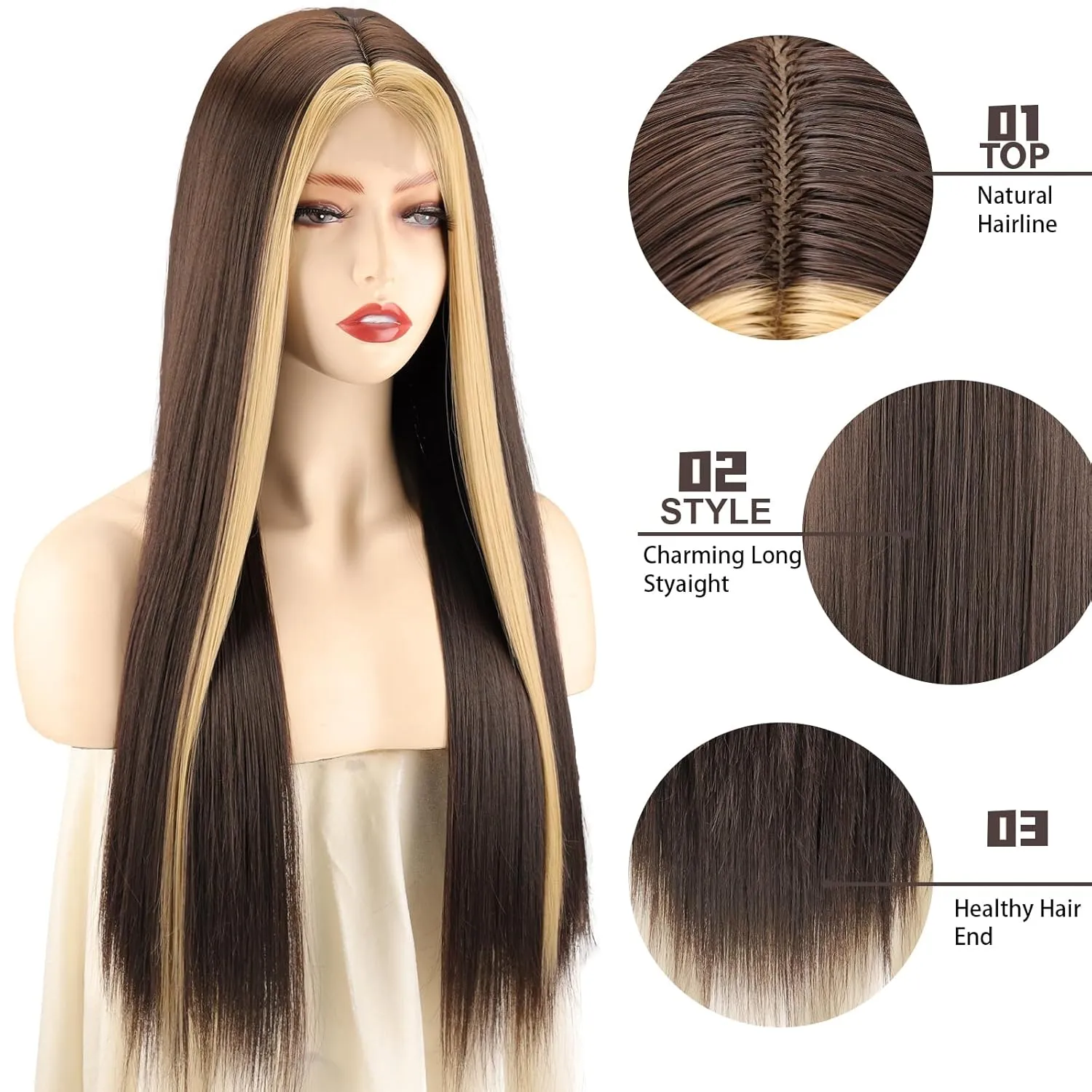 Xinran Long Brown Wigs For Women Dark Brown with Blonde Highlight Lace Wig Synthetic Middle Part Natural Hairline Replacement Daily Use 30 Inch