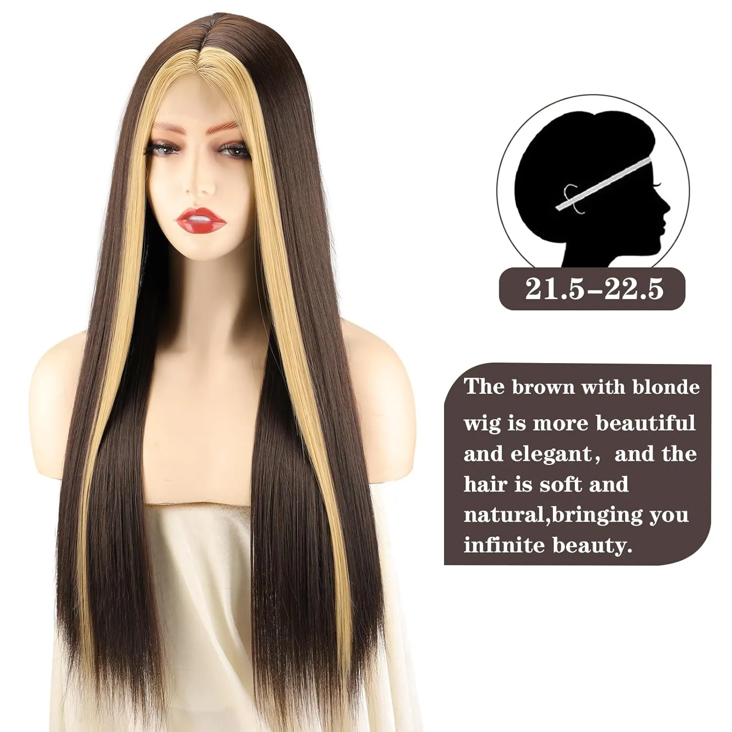 Xinran Long Brown Wigs For Women Dark Brown with Blonde Highlight Lace Wig Synthetic Middle Part Natural Hairline Replacement Daily Use 30 Inch