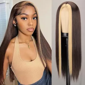 Xinran Long Brown Wigs For Women Dark Brown with Blonde Highlight Lace Wig Synthetic Middle Part Natural Hairline Replacement Daily Use 30 Inch