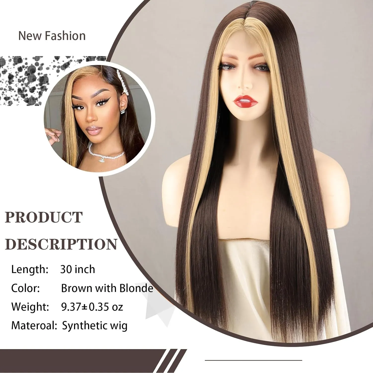 Xinran Long Brown Wigs For Women Dark Brown with Blonde Highlight Lace Wig Synthetic Middle Part Natural Hairline Replacement Daily Use 30 Inch